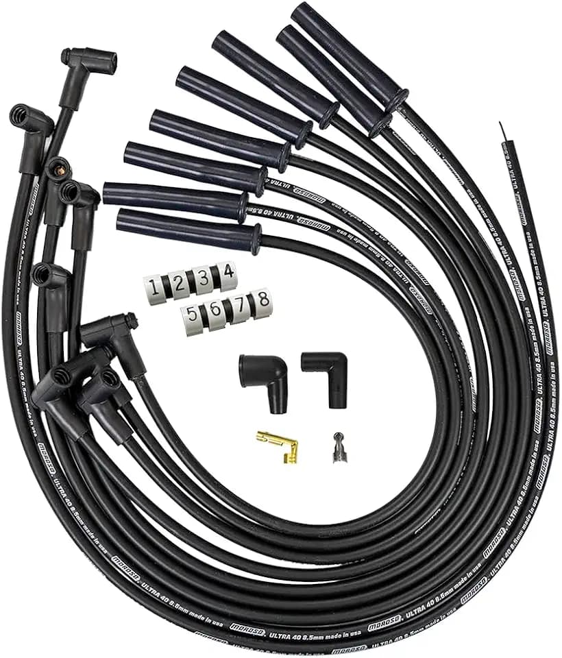 Moroso 73761 IGNITION SPARK PLUG WIRE SET, ULTRA 40, 8.5MM, MULTI ANGLE BOOT, BLACK, GM, CHEVY, BBC, 366-454, HEI STYLE W/O COIL IN CAP, OVER HEADER/VALVE COVER, Works with 31369