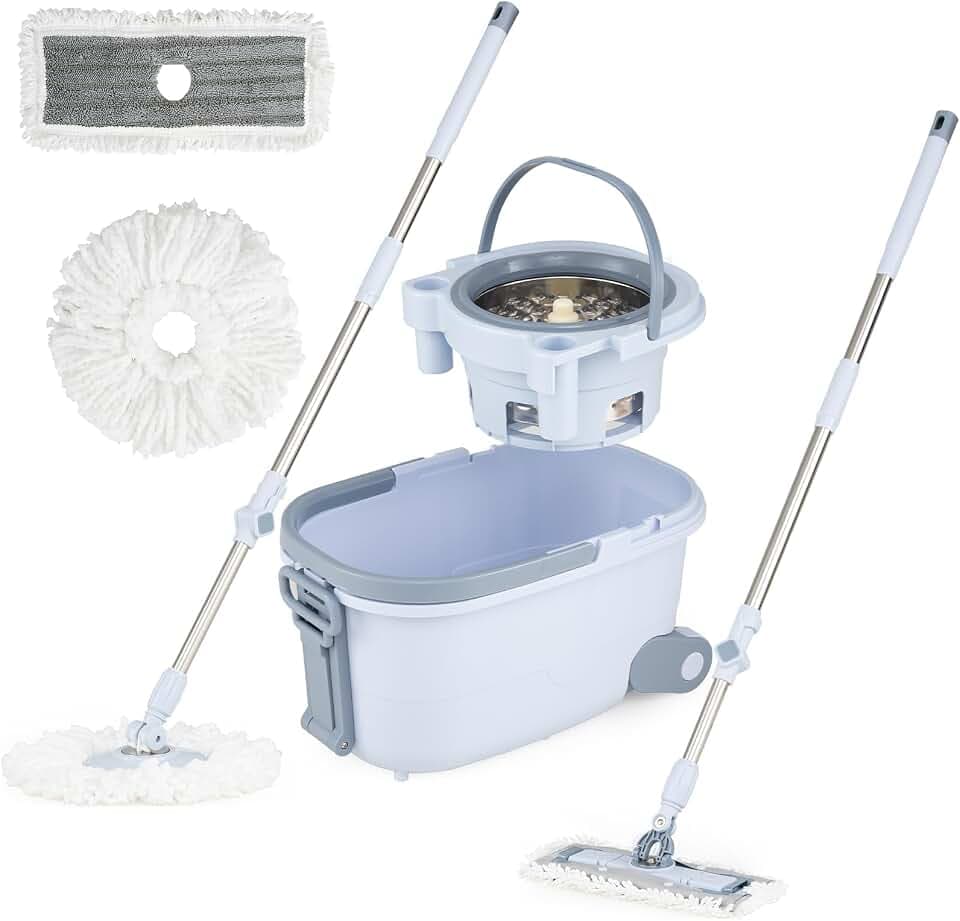 FANTASK Wischmopp und Eimer, Mopp und Eimersystem mit Auswringfunktion, Abwassertrennung, 360° rechteckigen und runden Wischköpfe, komplettes Wischset für Nass- und Trockenreinigung (Blau)