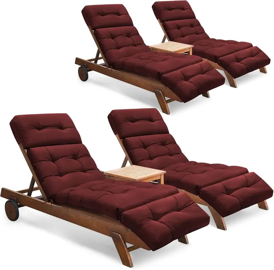 Outdoor Chaise Lounge Chair Cushion Set of 4, Thickened 74.4 x 22 x 4.7 Inches Memory Foam Waterproof Lounge Chair Cushions Replacement for Outdoor Furniture with Ties, Red