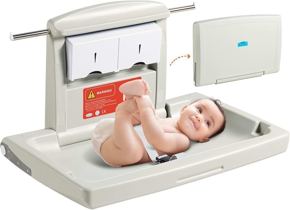 VEVOR Wickelkombi Wandmontierte Wickelkommode, Abnehmbarer Wickeltisch Wickelwagen, Grau Wickeltisch mit Wickelauflage, Sicherheitsgurt, Platzsparend & Stabil, Wickelregal 20 kg Tragfähigkeit Baby