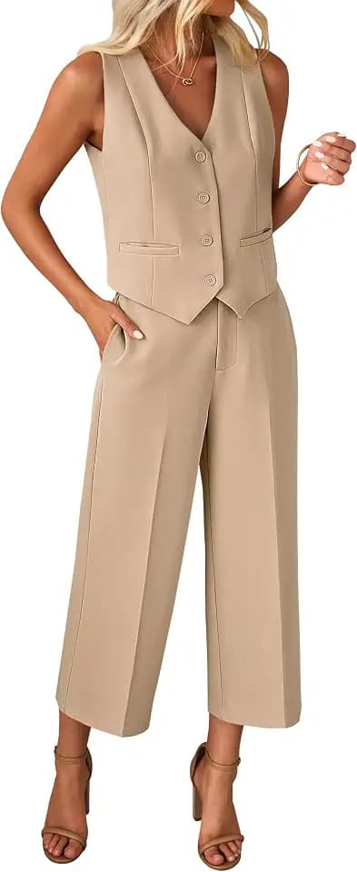luvamia Vest Pant Suits for Women Dressy Wide Leg 2 Piece Sets Work Outfits