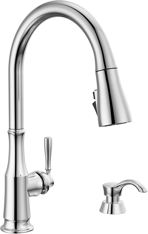 Delta Capertee Chrome Kitchen Faucet with Pull Down Sprayer and Soap Dispenser, Modern Single Hole Kitchen Sink Faucet, Single Handle, Chrome 19877Z-SD-DST