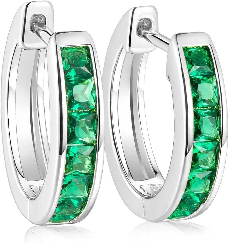 Chunky Emerald Sapphire Ruby Hoop Earrings, Princess or Round Cut, 14k Yellow Gold Plated Sterling Silver Cubic Zirconia Huggie Earings Minimalist Hoops Earrings for Women Wedding Daily Birthday