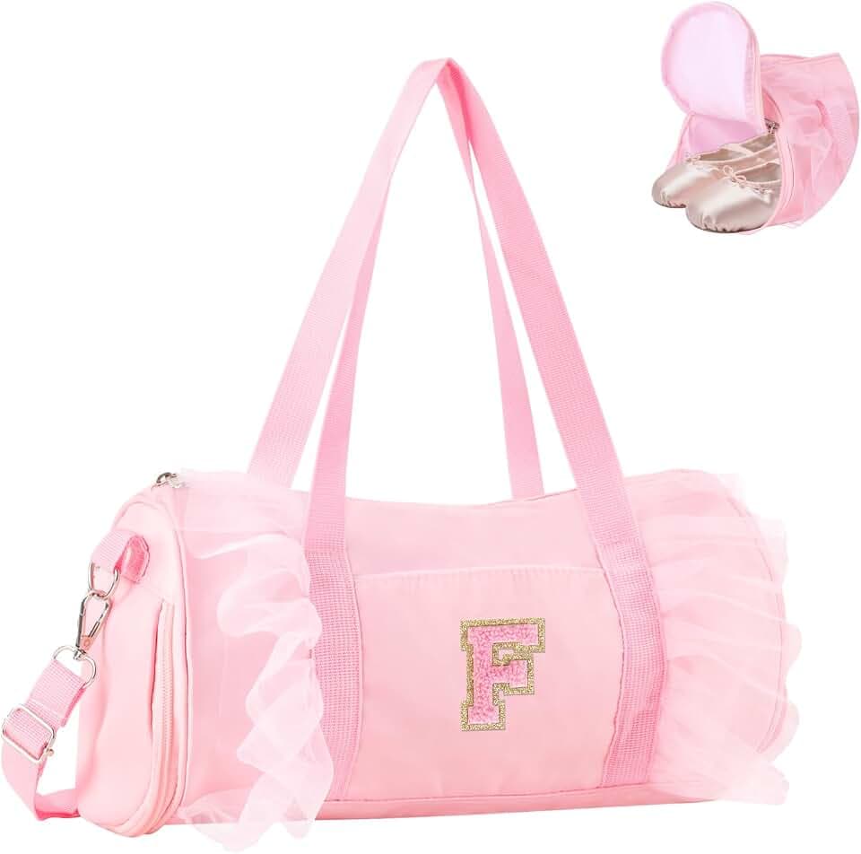 Personalized Initial Dance Bag for Girls 6-9, Medium Lace Gym Sport Yoga Cheer Dance Bags Gift for Teen Girls, Cute Letter Kids Ballet Bag Toddler Travel Duffel Tote with Adjustable Straps(Pink-F)