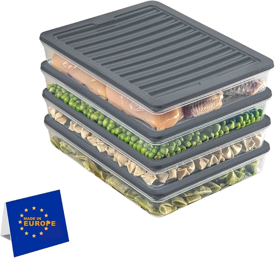 Stapelbare Frischhaltedosen, Vorratsdosen-Set, Gefrierfach & Kühlschrank Organizer mit Deckel, Frostfest bis -25°C, Wiederverwendbare Aufschnittboxen (4x2400)