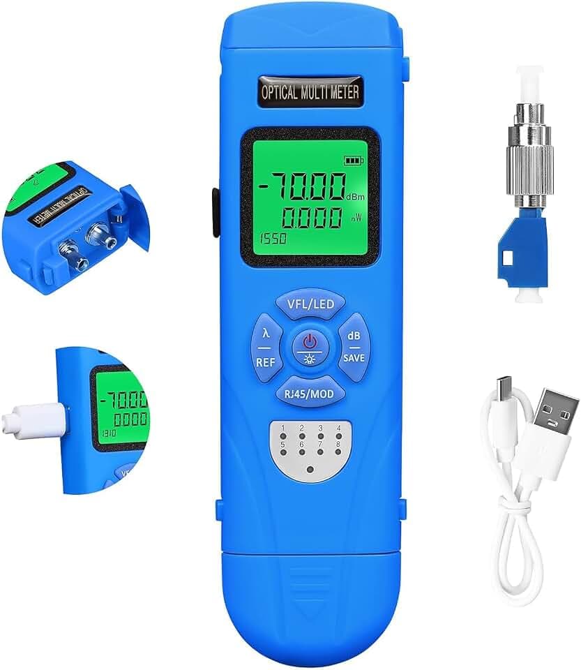 Rechargeable Fiber Light Power Meter L-C70 (-70~+10dBm) Mini Fiber Optic Tester SC/FC/ST/LC Interface, Built-in Visual Fault Locator and RJ45tester with 1 FC-LC Adapter