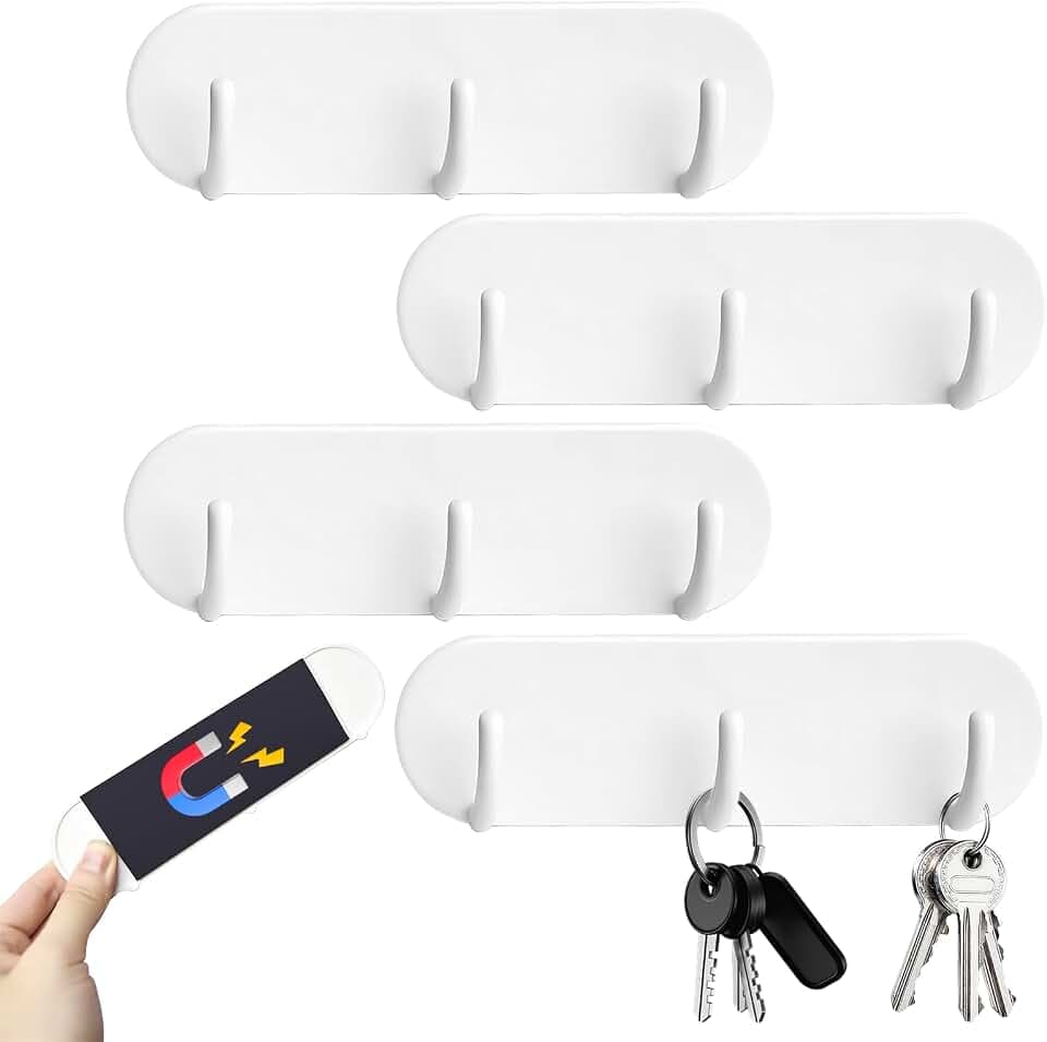 4 Stück Schlüsselbrett Magnetisch Ohne Bohren mit 3 Haken Weiß