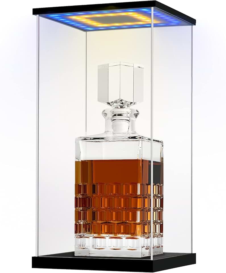Acrylic Wine Bottle Display Case with LED Light Display Stand Wine Display Case Protector Dustproof for Red Wine,Champagne,Liquor,Whiskey,Beer,Beverage Bottle (5.8*5.8*11.8")