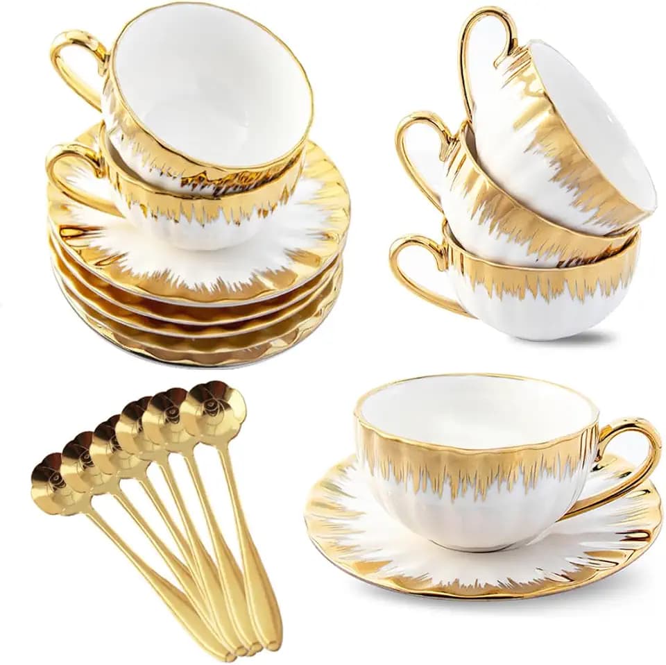 CHANJOON Set von 6 Teetassen Tee Tablett Teelöffel, 6 oz Keramik Kaffeebecher Set mit galvanischen Goldrand und Geschenk-Box, Kaffeebecher, weißer Tee Becher Set, (gold color, medium)