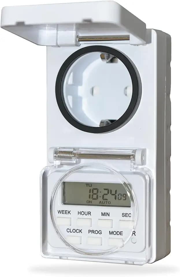 NOVKIT Digitale Zeitschaltuhr Steckdose Außen mit 8 sekundengenaue Programme und einbruchsichere Zufallsschaltung, 230V / 16A / 3680W