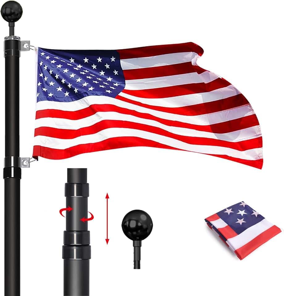 20FT Telescoping Flag Pole Kit, 14 Gauge Heavy Duty In Ground Telescopic Flag Poles with 3x5 American Flag, Outdoor Old Glory Flagpole Kits for Outside, Yard, Residential or Commercial
