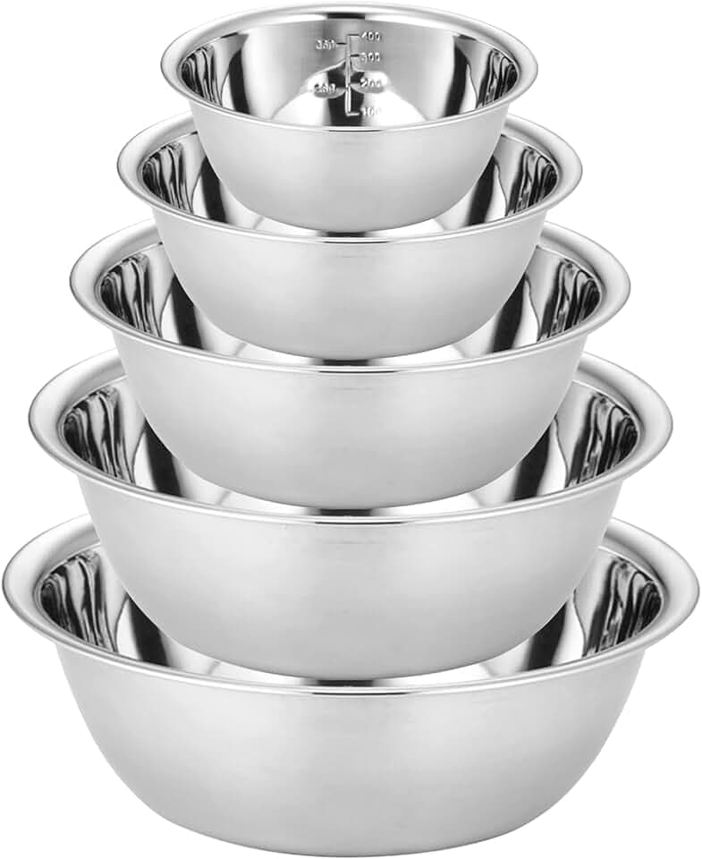 5-teiliges Edelstahl Schüssel Set, Salatschüssel in 5 Größen, Rührschüsse, Edelstahl Schale küchenschüssel, Stapelbar Metallschüssel Servierschüssel 0.6 L/ 0.9 L/ 1.6 L/ 2 L/2.6L