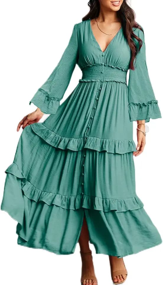 Amegoya Women's V Neck Long Sleeve Boho Maxi Dress 2026 Fall Wedding Guest Long Flowy Engagement Dresses