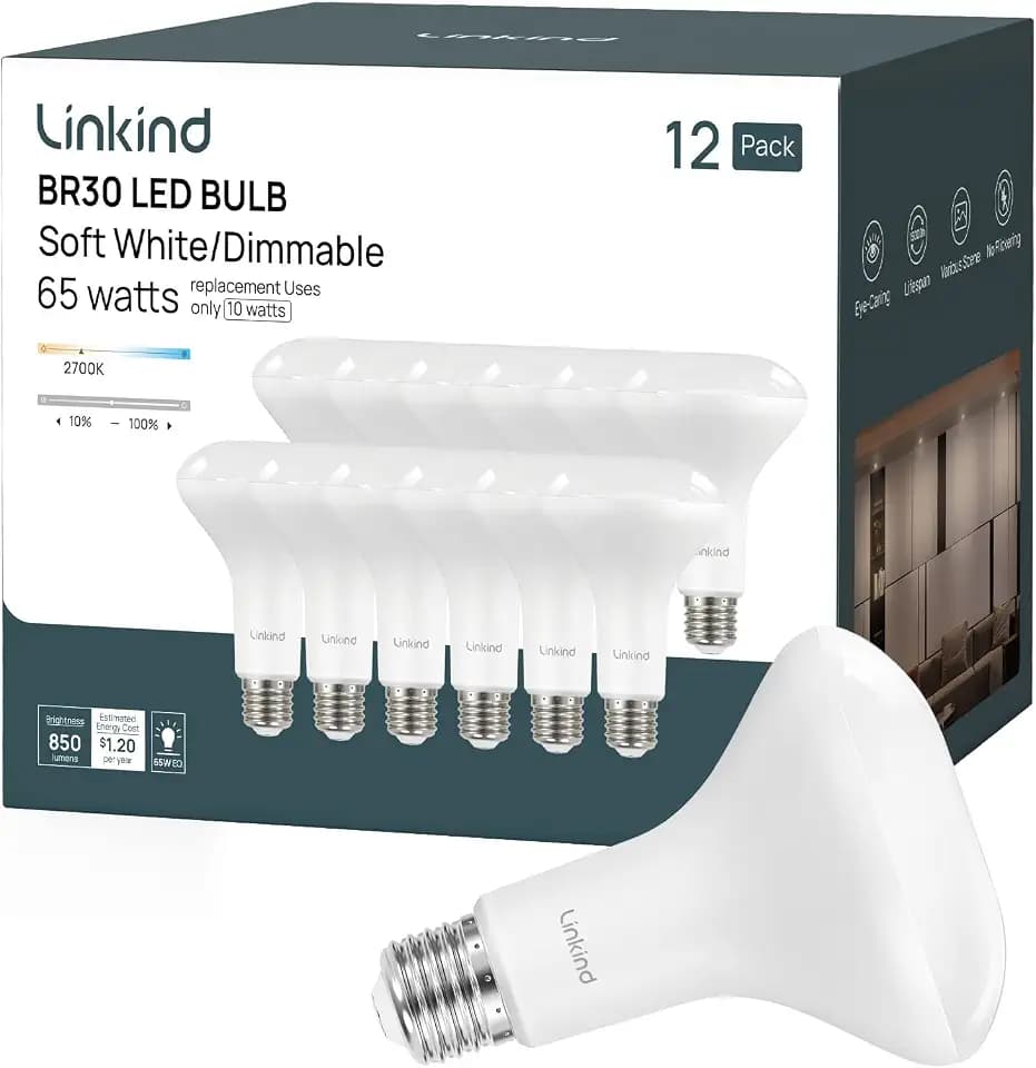 Linkind 12-Pack BR30 LED Flood Light Bulbs Indoor, 10W=65W 850 Lumens 2700K