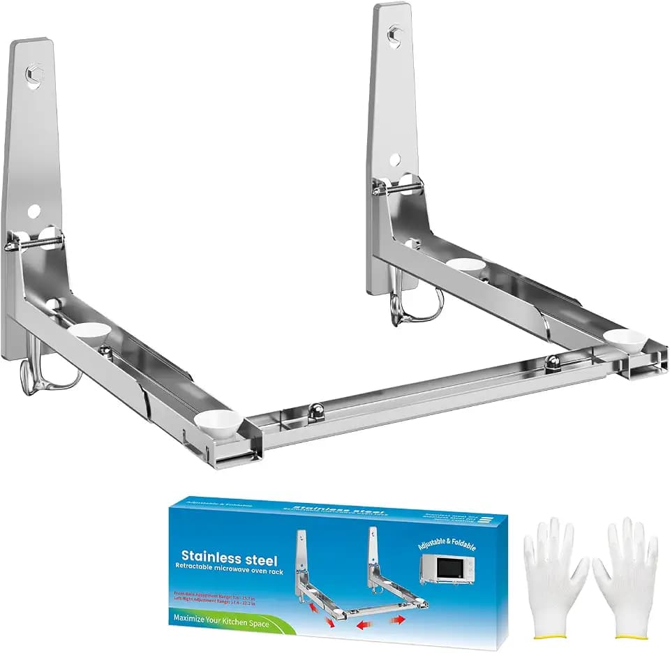 EsLuker.ly Mikrowellenhalterung Wand Edelstahl Universal Aufhängen Wandregal, Wandmontage Microwave Wall Rack Bracket mit Abnehmbare Haken und Verstellbare Halterung für Küche Backofen, Bis Zu 50 KG