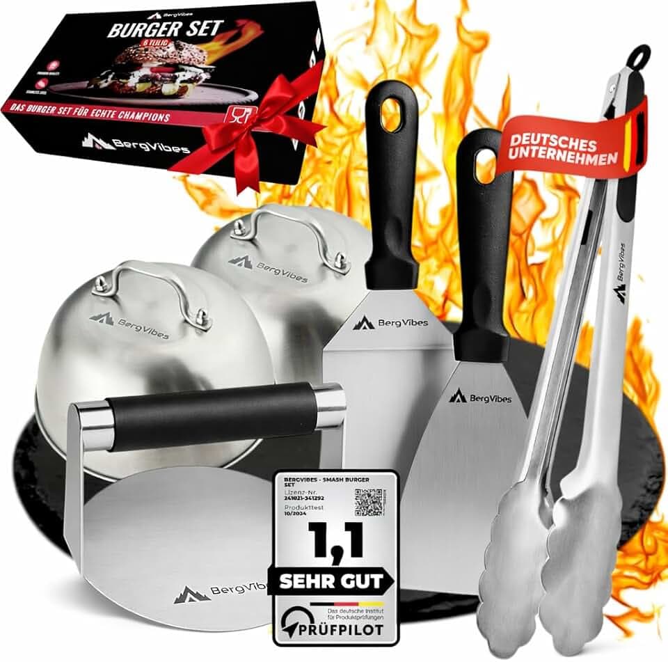 Smash Burger Set 6 TLG. aus Edelstahl für Plancha, 2 Burgerglocken, Burgerpresse, Smasher, Pattywender, Grillzange, Burger Smasher Set, das ideale Geschenkset (Exklusive)