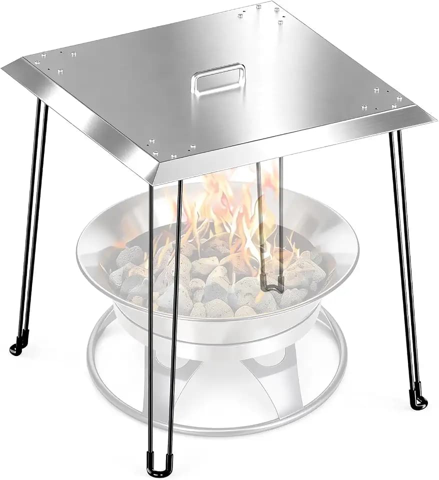 Fire Pit Heat Deflector 24 x 24 x 24 Inch, Stainless Steel Square Fire Pit Deflector Cover to Push Heat Down and Out, Heavy Duty Burner Lid with Foldable Legs