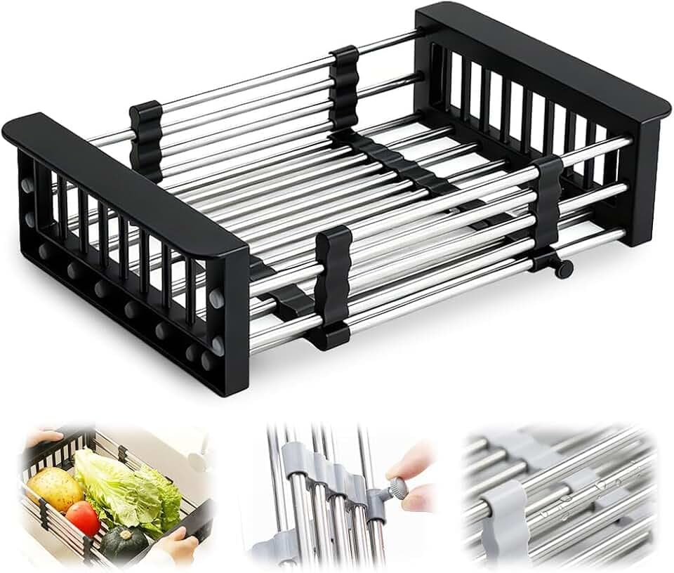 Extend Kitchen Sink Drain Basket, 2026 New Retractable Kitchen Sink, Adjustable Dish Drying Rack with Stainless Steel Drain Basket for Kitchen (Black, Small)
