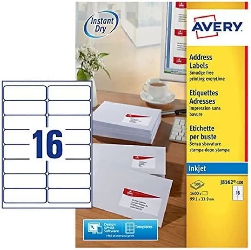 Avery schnelltrocknende Adressetiketten für Tintenstrahldrucker 16 pro Blatt 99,1 x 33,9 mm 1600 Etiketten weiß