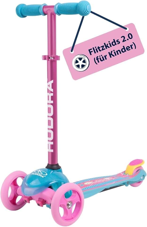 HUDORA Scooter Flitzkids 2.0 I Stabiler Kinderscooter mit großer Trittfläche I Höhenverstellbarer & transportierbarer Mini-Dreirad-Roller für bis zu 50kg I Dreiradscooter aus Aluminium für Kinder