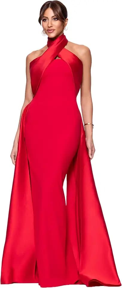 Betsy & Adam Women's Scuba Crepe Halter Neck Satin Overlay Floor Length Dress