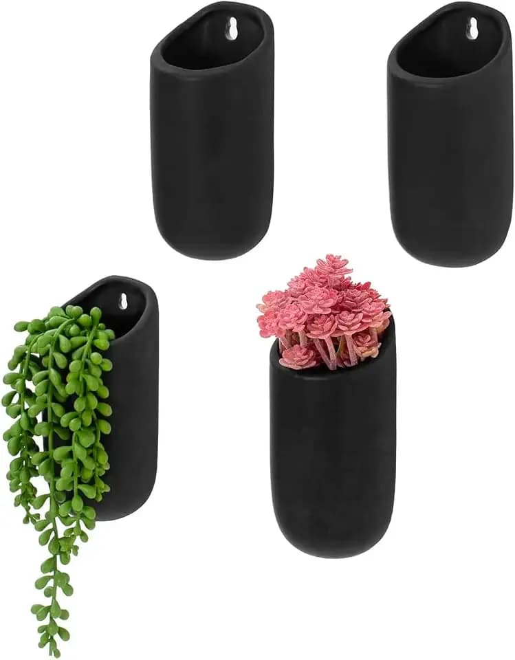 MyGift 6 Inch Black Ceramic Wall Planters for Succulents, Set of 4