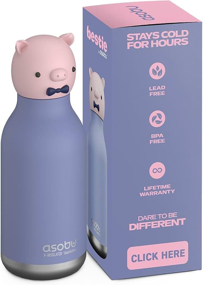 asobu Bestie Piggy Kinder-Flasche, Edelstahl, isoliert, Klapp-Trinkhalm, BPA-frei, 500 ml