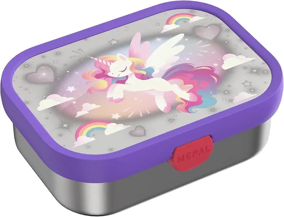 Mepal - Brotdose Edelstahl Campus - Bento Box Kinder - Brotdose Edelstahl Kinder mit Fächern & Gabel - Meal Prep Box mit Clip-Verschluss - BPA-frei & Spülmaschinenfest - 750 ml - Unicorn Glow