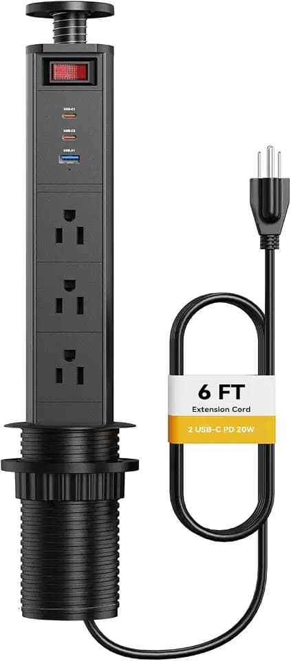 Pull Up Power Outlet for Countertop with Switch, 3 AC Outlets, 2 USB-C 20W