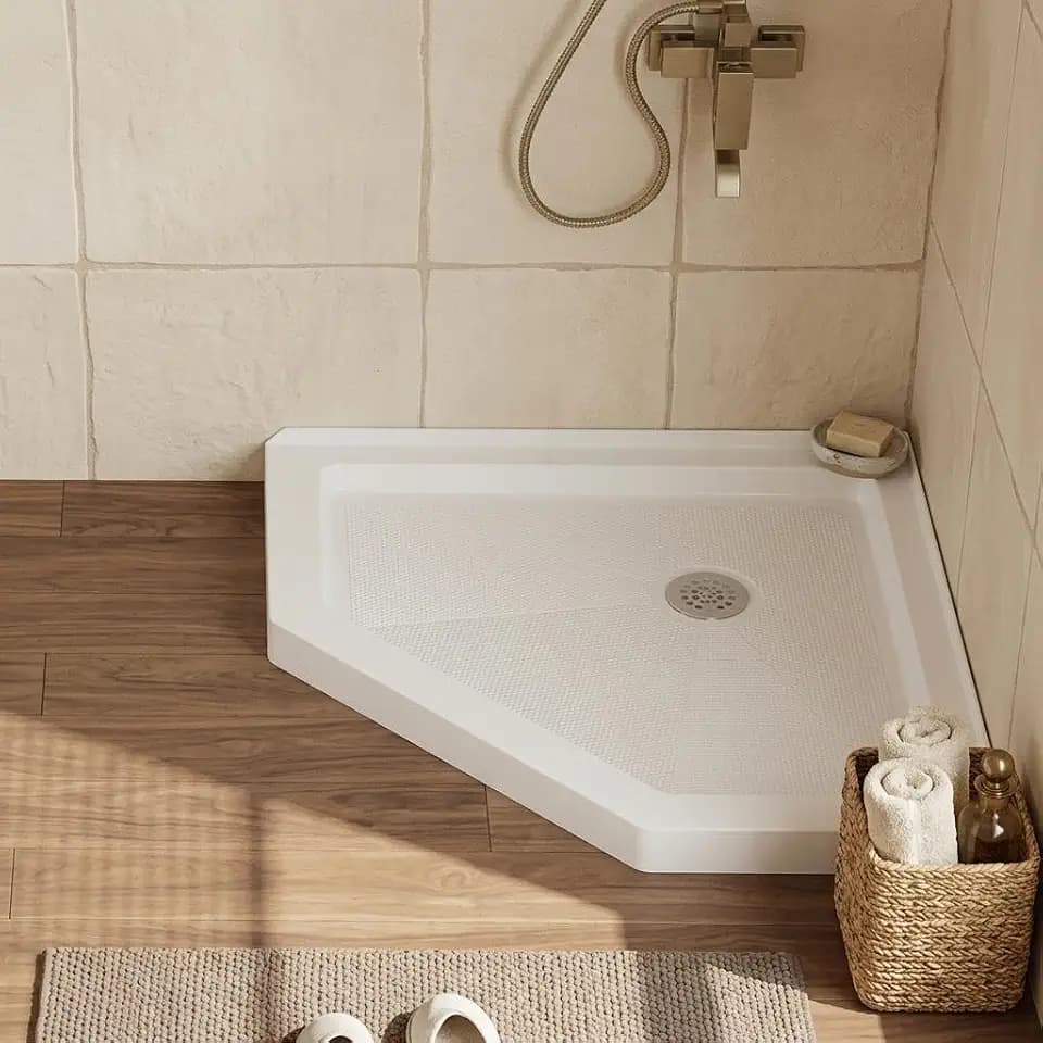 Neo-Angle Shower Pan 36" x 36", PVC Corner Shower Base with Slip Resistant Surface & Removable Stainless Drain Cover, White