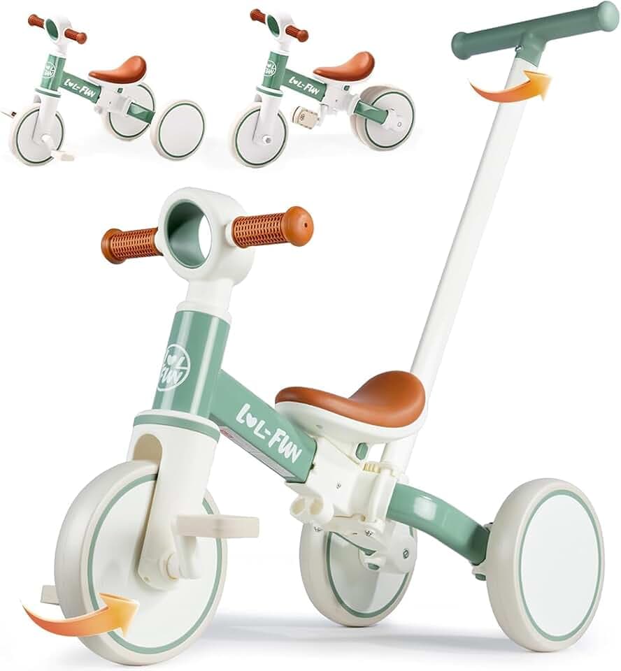 LOL-FUN Laufrad Dreirad ab 1 Jahr mit schubstange, Laufräder für Kinder | 5 in 1 Dreirad Lauffahrrad, Kinder Dreirad für 1 Jahr Jungen Mädchen Geschenk
