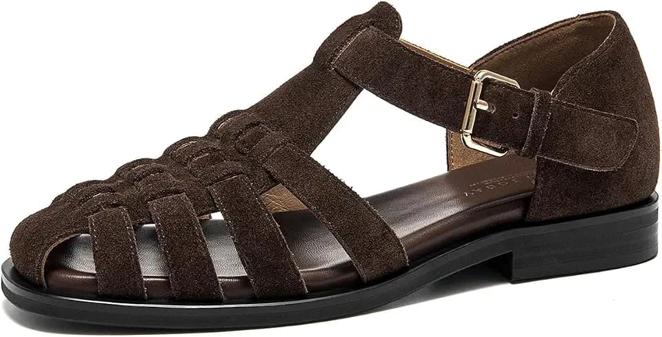 BEAU TODAY Women's Suede Closed Toe Fisherman Sandals with Buckle Strap