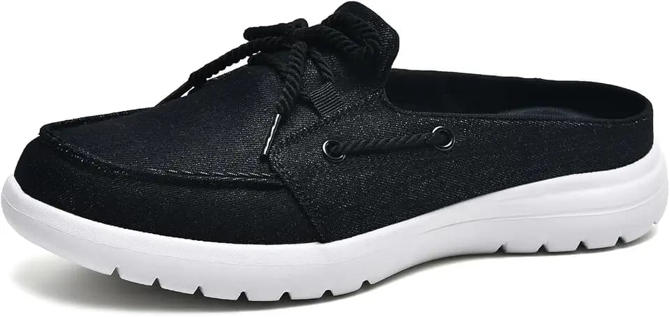 Buyrew Mules for Women with Arch Support - Lightweight Washed Cotton Sneaker Mules - Breathable Walking Flats, Comfortable Slip On Shoes for Business Casual, Office, Travel