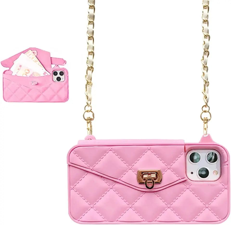 UnnFiko Wallet Phone Case Compatible with iPhone 17 Pro Max, Cute Light Luxury Bag Design, Purse Flip Card Pouch Cover Soft Silicone Case with Handstrap Long Shoulder Strap (Pink, iPhone 17 Pro Max)