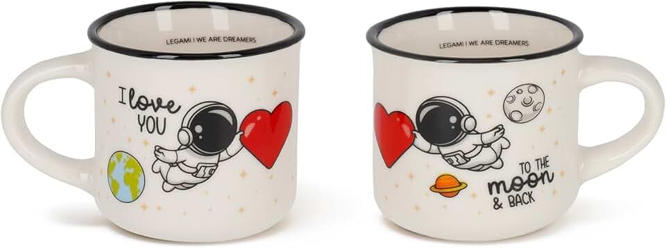 Legami - Kaffeetassen Espresso For Two, Set von 2 Kaffeetasse auf Porzellan Bone China, Kaffeetassen Waschbar in der Spülmaschine,Motiv: Astronaut I Love You, Durchmesser 5,5 cm, Kapazität 50 ml