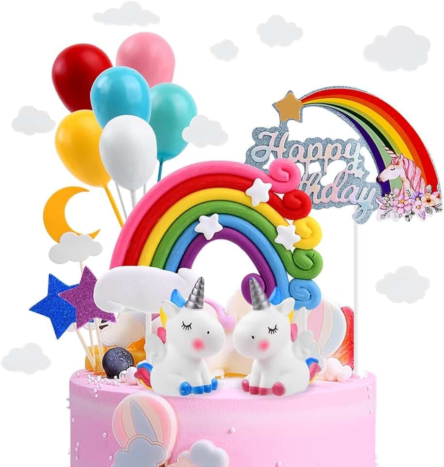 OSDUE Einhorn Tortendeko Geburtstag, Kuchendeko, Macaron Kuchen Deko, Happy Birthday, Topper Einhorn, Regenbogen, Wolke, Ballon für Kinder Mädchen Junge