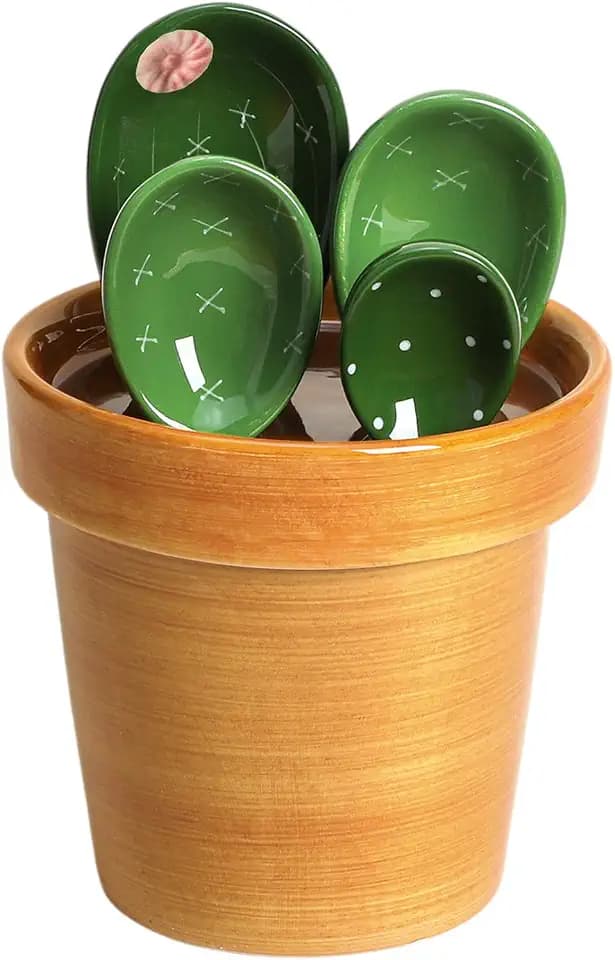 Sizikato 4pcs Porcelain Measuring Spoons with Base, Cute Cactus Shape