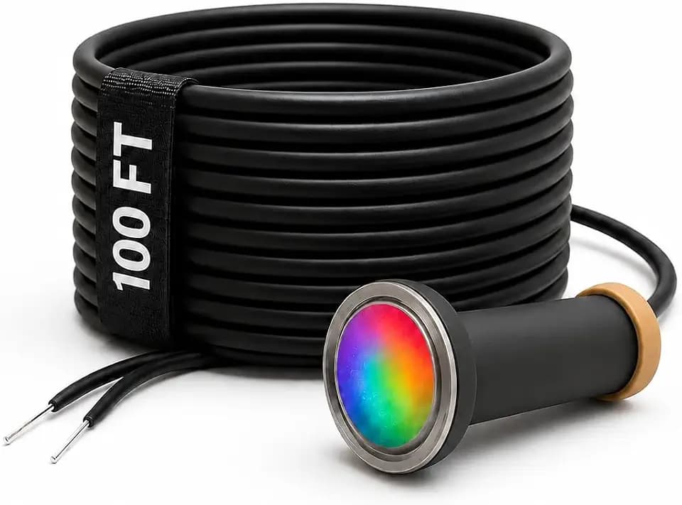 AquaChrome 1.5 Inch RGBW LED Pool Light – 12 W Inground Pool Replacement for Pentair GloBrite –100ft Cord, 12 VAC Low-Voltage, IP68 Waterproof, Intertek Certified- Wide, Soft Spread Light