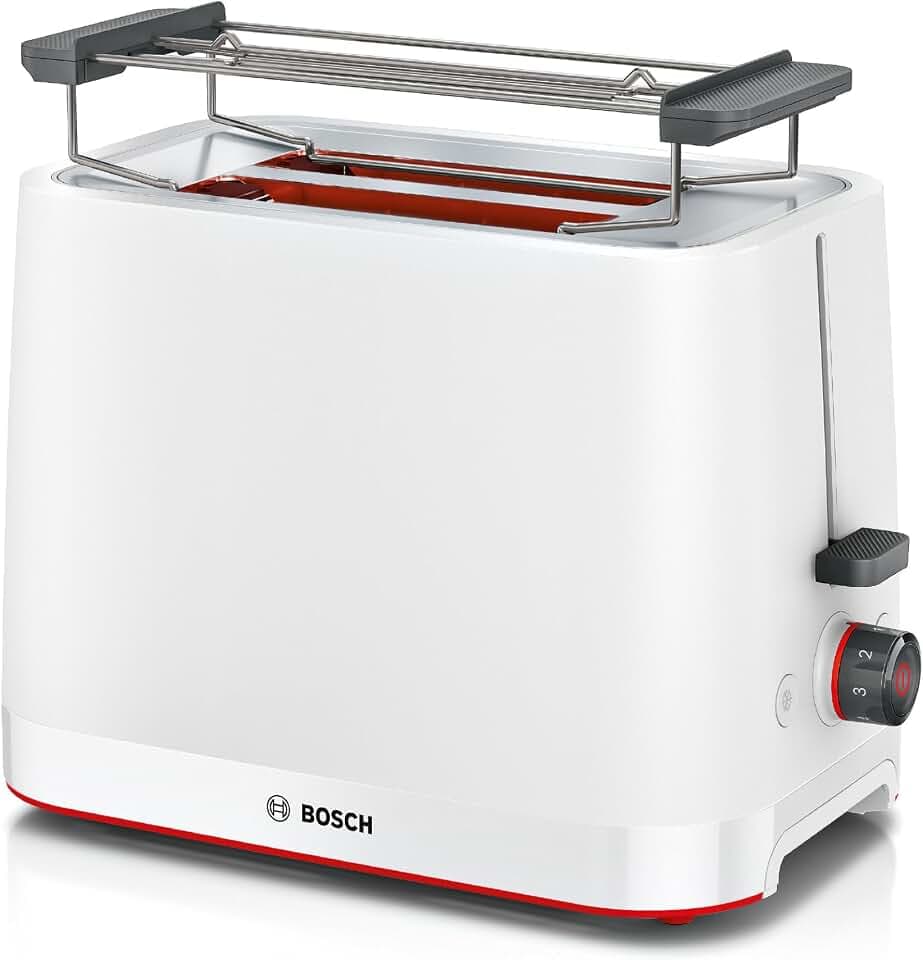 Bosch Kompakt Toaster MyMoment TAT3M121, entnehmbarer klappbarer Brötchenaufsatz, mit Auftaufunktion, Abschaltautomatik, Liftfunktion, Brotzentrierung, ideal für 2 Scheiben, 800 Watt, Weiß matt