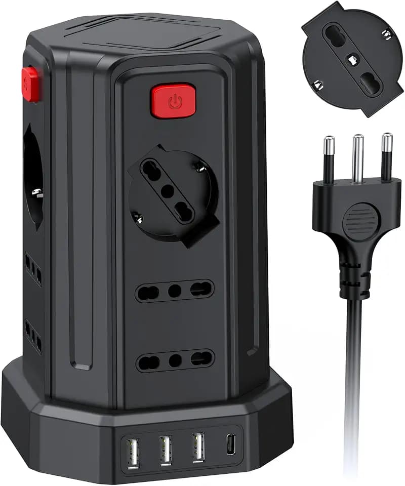 Sameriver 2 m Steckdosenleiste mit 12 Universalsteckdosen 10/16 A ITA und Schuko und 3 USB A + 1 USB C Überspannungsschutz mit 4 unabhängigen Schaltern, Schwarz