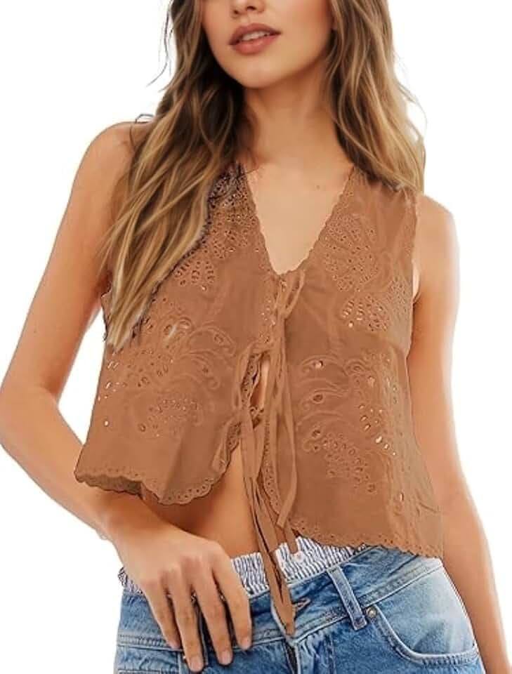 Womens Vest Top Trendy Floral Embroidered Eyelet Tie Front Tops Fashion Crochet Lace Hollow Out Vests
