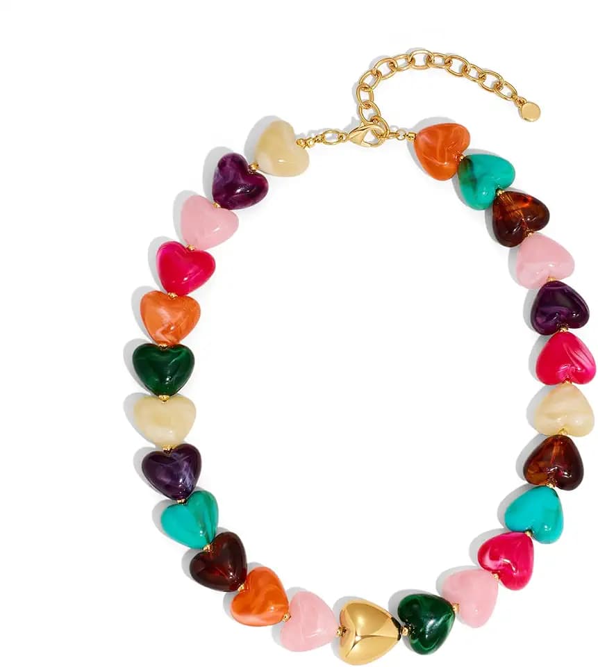Heart Beaded Necklace for Women Chunky Heart Bead Choker Necklace Fashion Trendy Summer Boho Bead Statement Necklaces Beach Love Jewelry Gifts