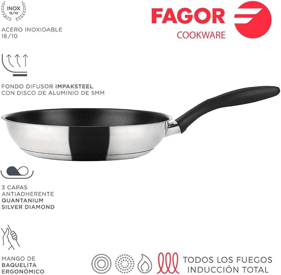 Fagor Inoxtherm Bratpfanne Induktion 28 cm, Edelstahl, Antihaftbeschichtetes Ökologisches Titan QUANTANIUM ohne PFOA, Diffusorboden, Geeignet für Alle Herdarten, Glaskeramik, Gas, Geschirrspüler