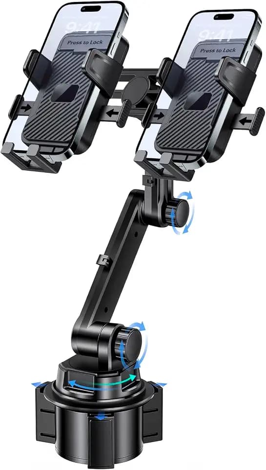 Dual Cup Holder Phone Mount for Car, 360° Adjustable Fits Two Phones
