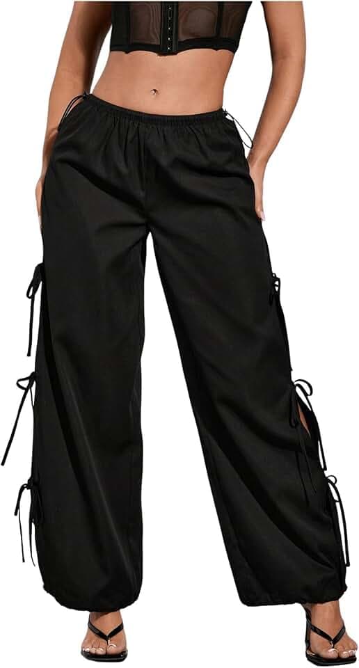 WDIRARA Women's Bow Tie Side Split Straight Leg Pants Drawstring Low Rise Trousers