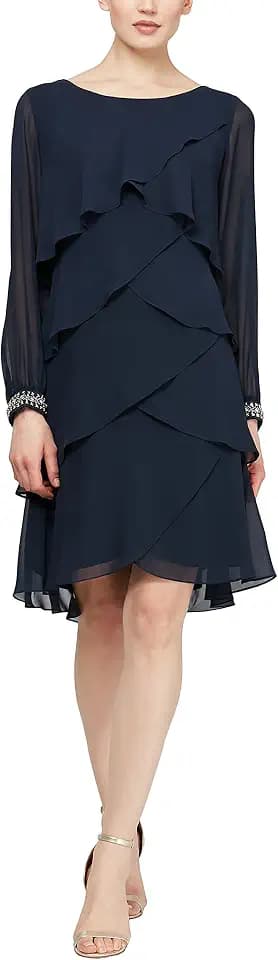 S.L. Fashions Women's Long Sleeve Chiffon Short Cocktail Dress, Wedding Guest, Mother of The Bride (Petite and Regular Sizes)