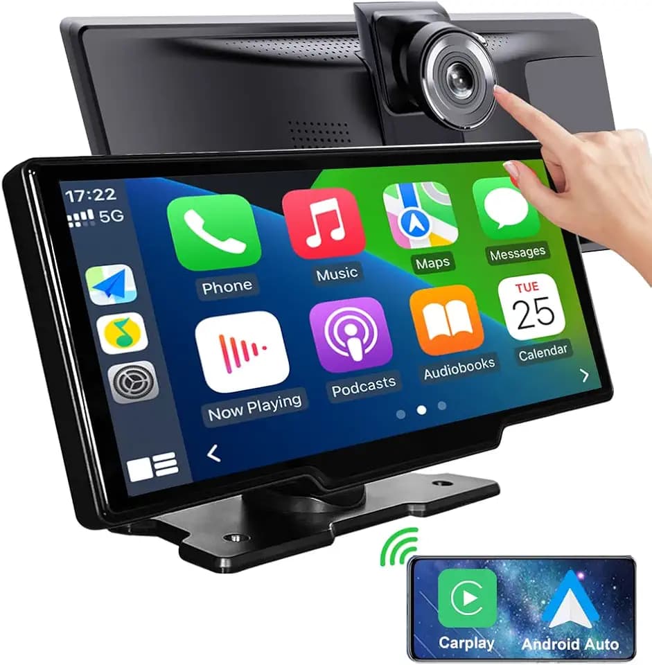 9.3" Portable Car Radio with Dashcam, Wireless Dash Mount, Apple CarPlay & Android Auto, Touch Screen Display, Bluetooth Stereo, Mirror Link, FM, GPS Navigation