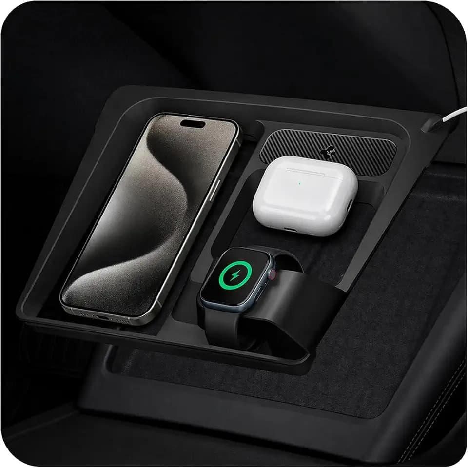 Spigen 3-in-1 Organizer Mount for Tesla Model 3 Highland (Standard, Premium & Performance 2024/25/26) (Watch Charger Not Included) - Uses Wireless Charging Pad - Charge iPhone, AirPods, Apple Watch