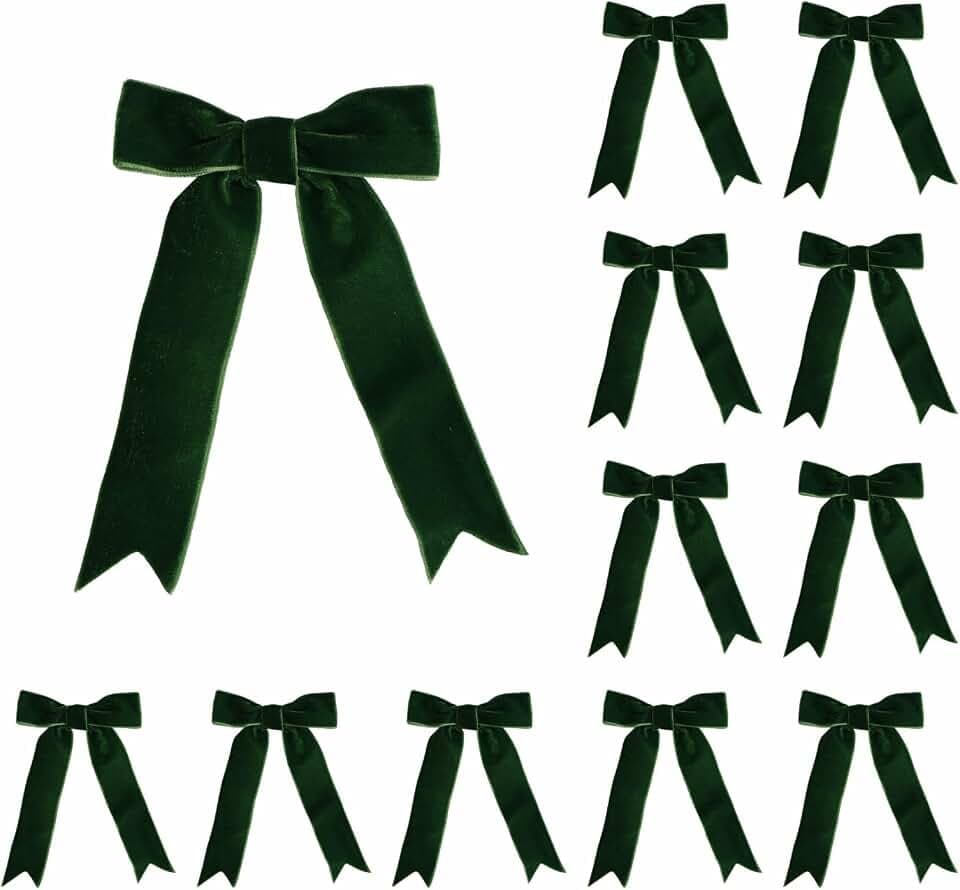Meseey 12 Pcs Dark Green Velvet Bows with Twist Tie 4.5 Inch Pre-Tied Vintage Christmas Velvet Ribbon Bows for Treat Bags Gift Wrapping Basket Wedding Baby Shower Brithday Party