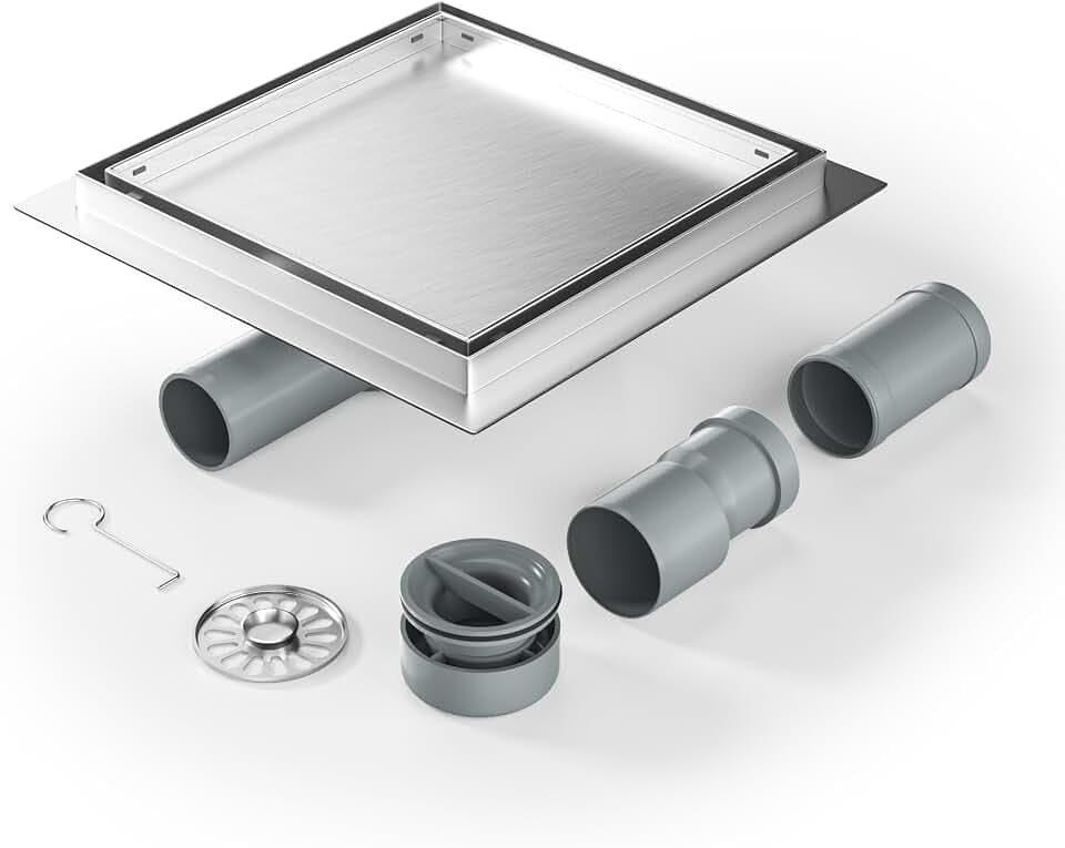 Duschrinne Quadrat 20 * 20cm, 360° Siphon mit Geruchsstop und Haarsieb 2 in1 Befliesbar Edelstahl Ablaufrinne Bodenablauf Duschablauf sehr flach DN50 DN40